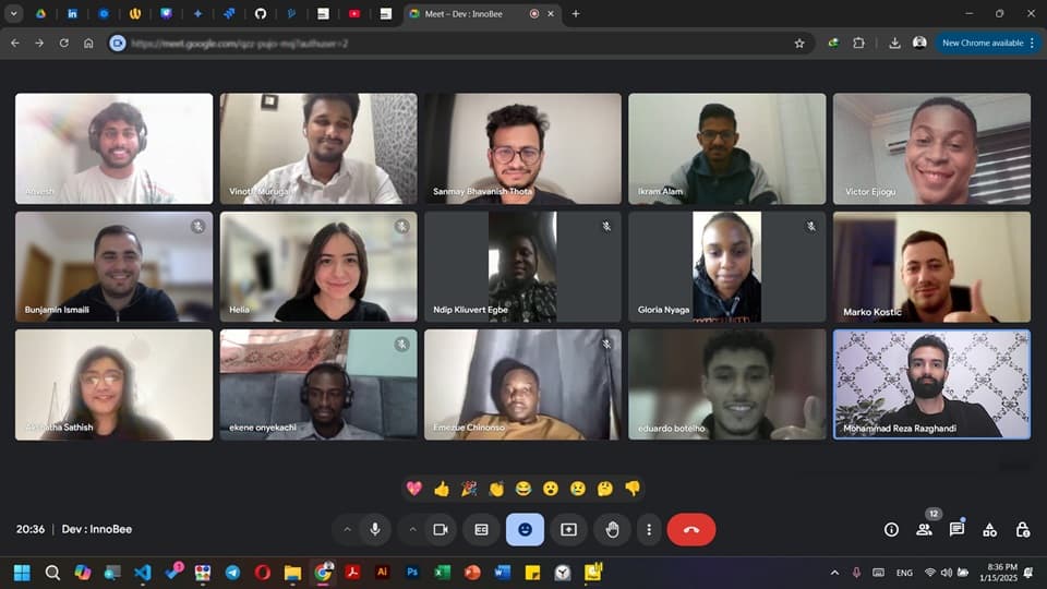 Weekly engineering sync — the dev team reviewing progress on the challenge engine and architecture.